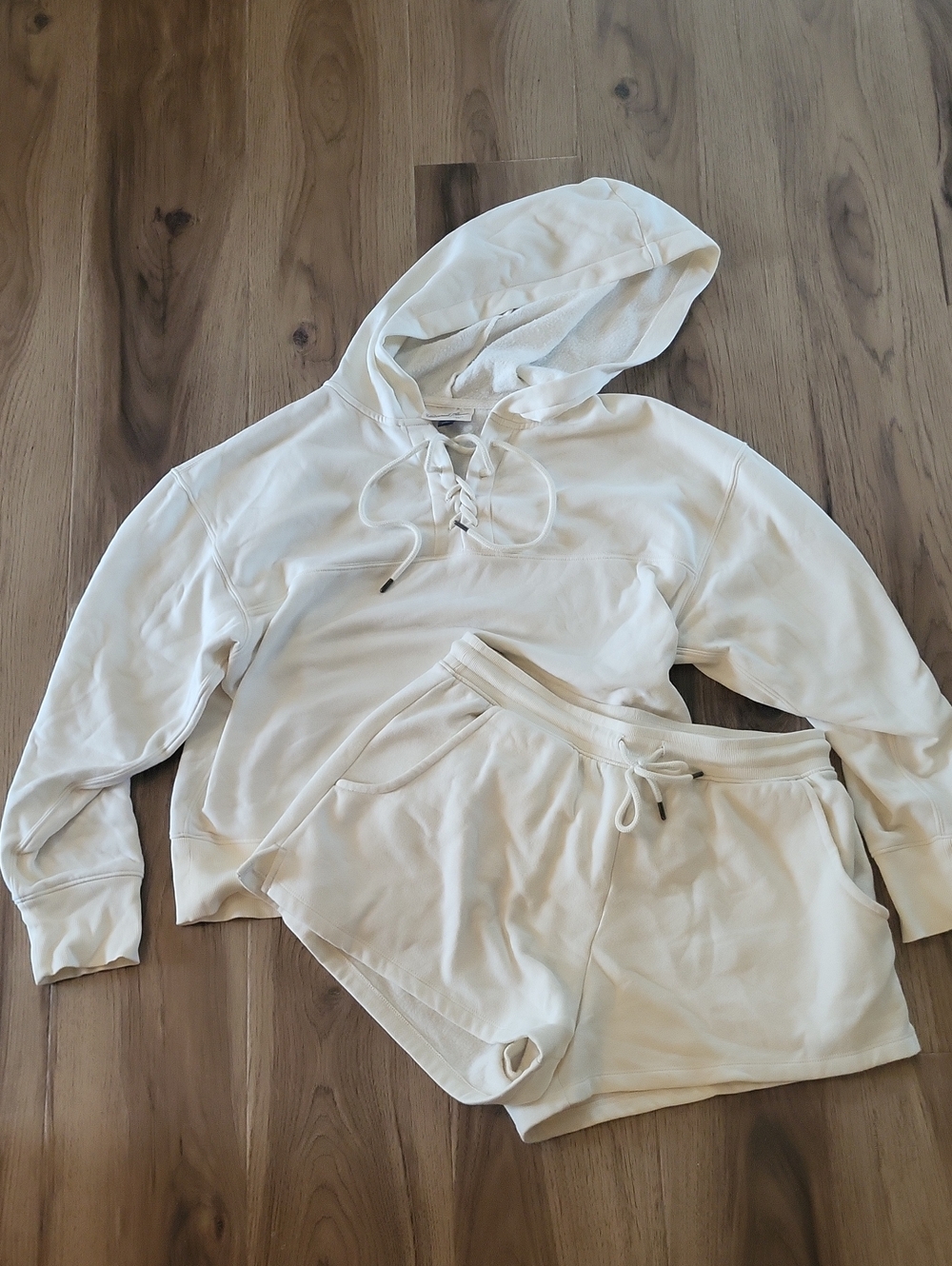 Women's Cream Lace-Up Hoodie & Shorts Set